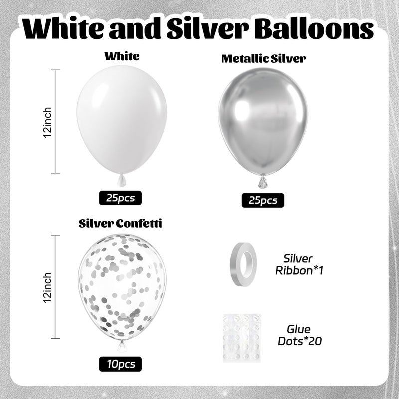 awenztech 60pcs White and Silver Balloons 12inch, Silver and White Balloons with Metallic Silver Confetti Balloons for Birthday Baby Shower Wedding Anniversary New Years Party Decorations - Image 2