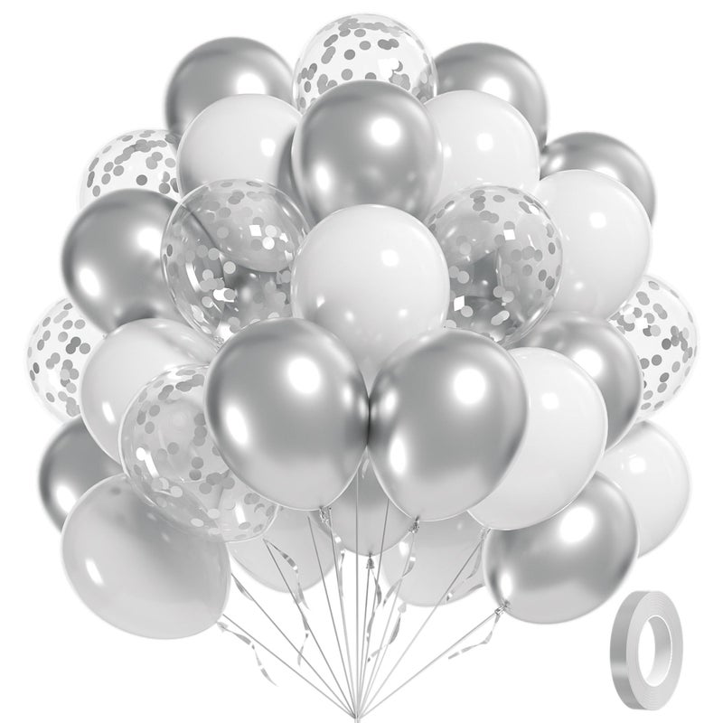 awenztech 60pcs White and Silver Balloons 12inch, Silver and White Balloons with Metallic Silver Confetti Balloons for Birthday Baby Shower Wedding Anniversary New Years Party Decorations - Image 1