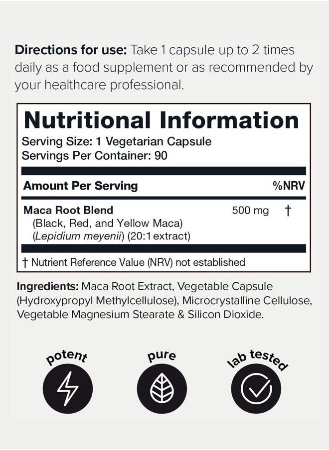 Maca Root - Ultra High Potency 20:1 Extract - Black, Red and Yellow Maca Complex - Single Origin, Wildcrafted & Highly Concentrated - Third-Party Lab Tested - 90 Capsules