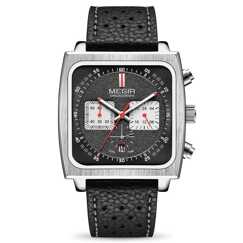 MEGIR Mens Rectangle Business Work Analogue Quartz Chronograph Luminous Sport Wrist Watch with Leather Strap 2182 Black - Image 2