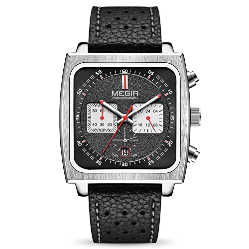 MEGIR Mens Rectangle Business Work Analogue Quartz Chronograph Luminous Sport Wrist Watch with Leather Strap 2182 Black - Image 1