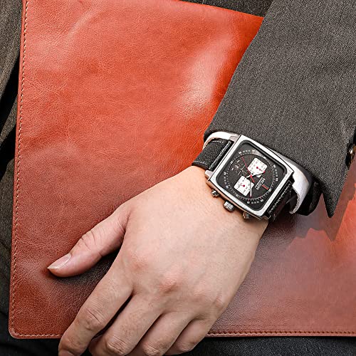 MEGIR Mens Rectangle Business Work Analogue Quartz Chronograph Luminous Sport Wrist Watch with Leather Strap 2182 Black - Image 3