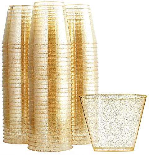 KAHEIGN 60Pcs Clear Plastic Cups 270ml Gold Glitter Plastic Tumblers Reusable Drink Cups Elegant Party Wine Glasses for Cocktail Champagne Beer Martini Soda Dessert 7 x 85cm