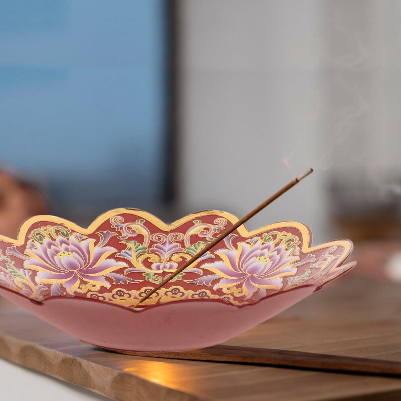 Red Alloy Incense Burner With Lotus Design Ash Catcher Tray For Home Aromatherapy - Image 5