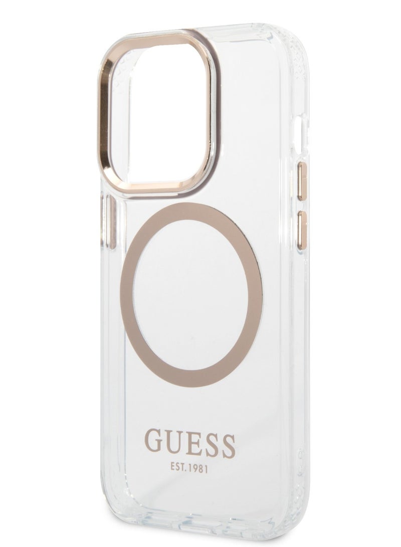 GUESS iPhone 14 Pro Case MagSafe Compatibility Transparent Outline Back Cover / Bumper and Scratch Protection / Slim Profile / Easy Snap-On - Gold - Image 4