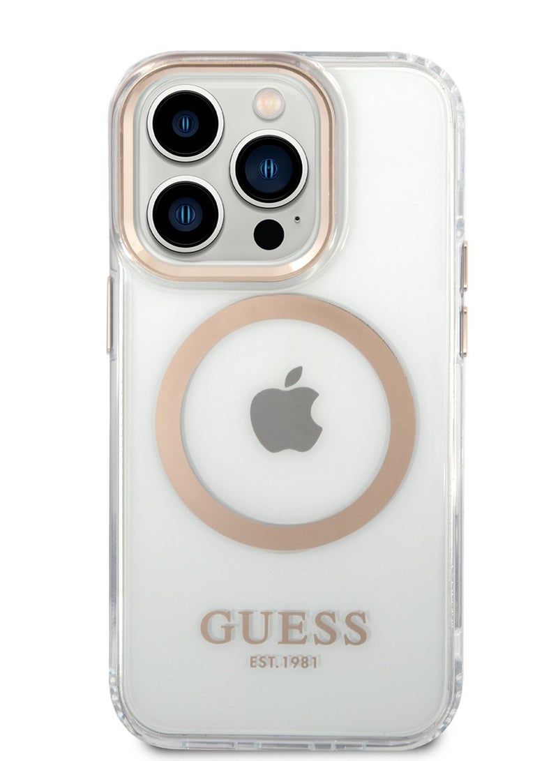GUESS iPhone 14 Pro Case MagSafe Compatibility Transparent Outline Back Cover / Bumper and Scratch Protection / Slim Profile / Easy Snap-On - Gold - Image 1
