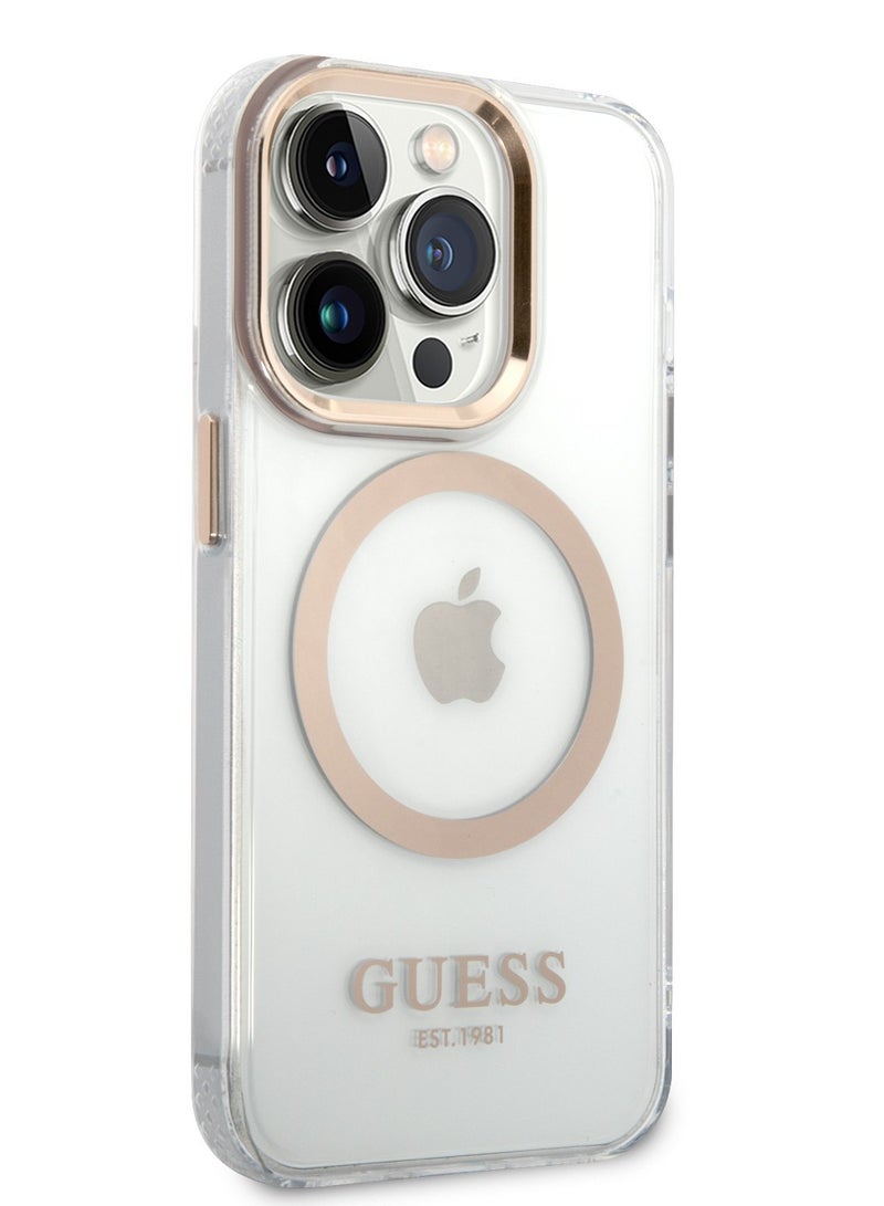 GUESS iPhone 14 Pro Case MagSafe Compatibility Transparent Outline Back Cover / Bumper and Scratch Protection / Slim Profile / Easy Snap-On - Gold - Image 3