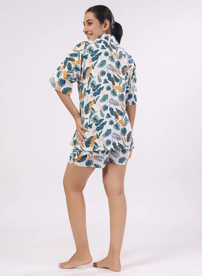 sanskrutihomes Tropical Print Cotton Collared Shirt & Shorts Set by Styli