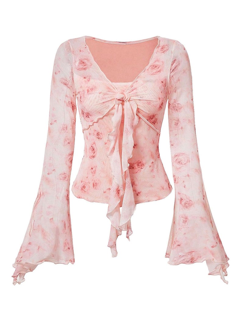 Verdusa Women's Y2K Cute Bell Sleeve Tops Floral Print Mesh Summer Long Sleeve Going Out Tops 2000s Clothing Pink Small - Image 1