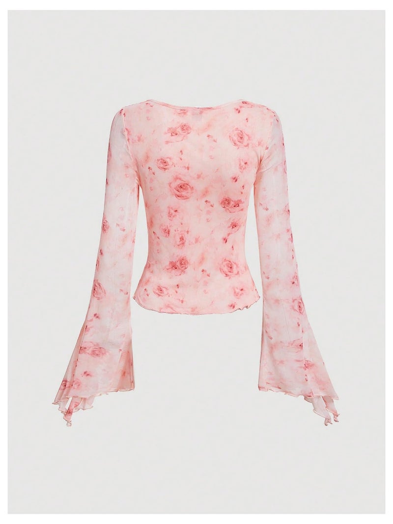 Verdusa Women's Y2K Cute Bell Sleeve Tops Floral Print Mesh Summer Long Sleeve Going Out Tops 2000s Clothing Pink Small - Image 2