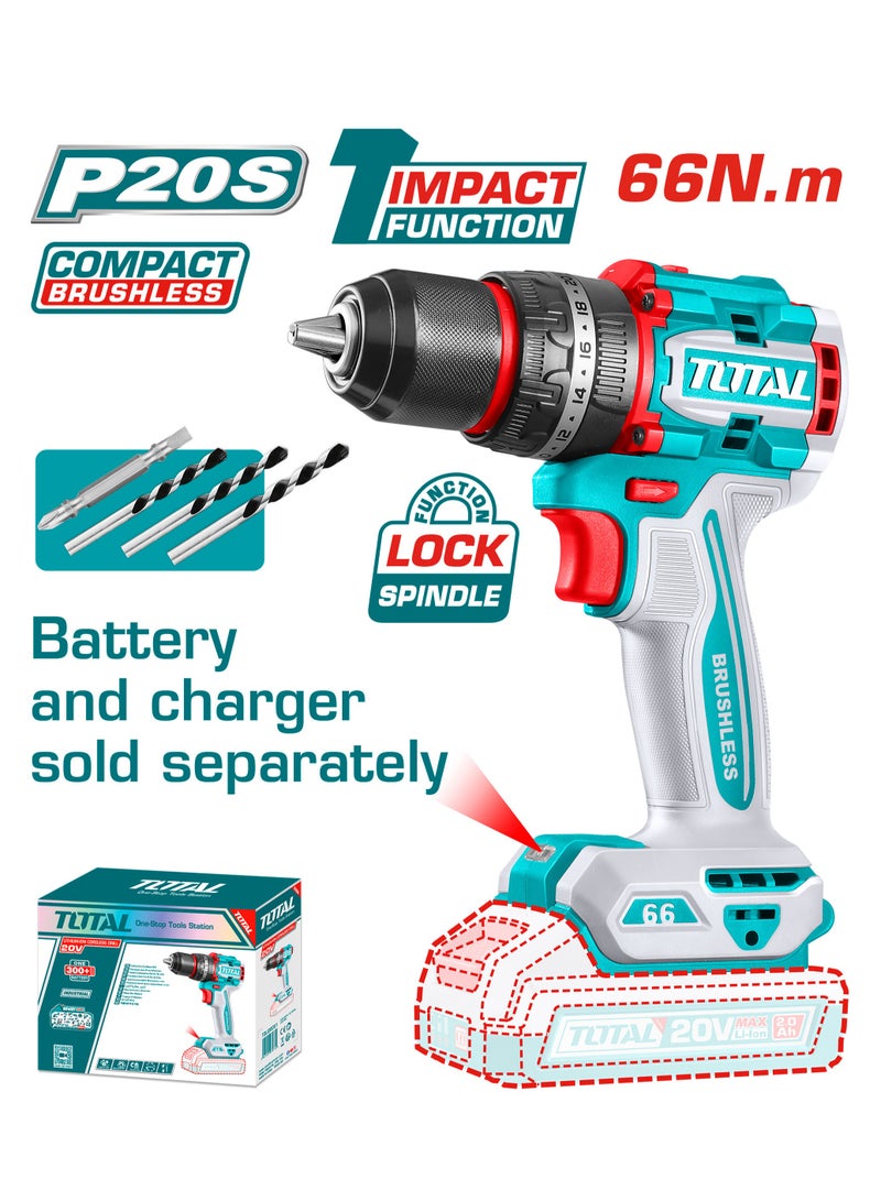 TOTAL Compact Brushless Cordless Impact Drill 20V 66NM  TIDLI206681