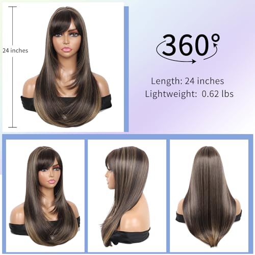 Kalyss Brown with Highlights Yaki Synthetic Women's Wig With Hair Bangs Centre Parting Long Straight Layered Heat Resistant Human Hair Blended Hair Wig for Women (brown with highlights color) - Image 3