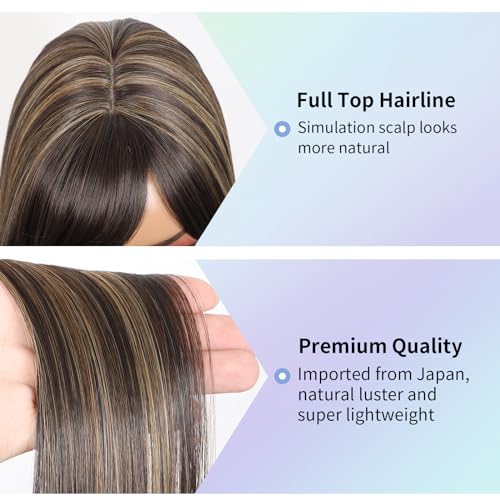 Kalyss Brown with Highlights Yaki Synthetic Women's Wig With Hair Bangs Centre Parting Long Straight Layered Heat Resistant Human Hair Blended Hair Wig for Women (brown with highlights color) - Image 4