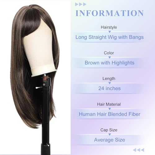 Kalyss Brown with Highlights Yaki Synthetic Women's Wig With Hair Bangs Centre Parting Long Straight Layered Heat Resistant Human Hair Blended Hair Wig for Women (brown with highlights color) - Image 2