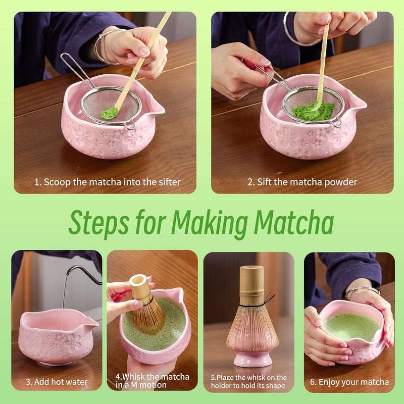 TEANAGOO 7-PCS Pink Matcha Whisk Set with Cherry Blossom Design, Complete Matcha Kit, Ceramic Chawan Bowl with Spout, Whisk & Accessories, Traditional Matcha Tea Set for Lattes& Gift Giving - Image 5