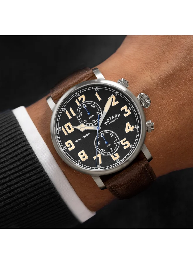Rotary  Rotary Men's Heritage Pilot 100M Water Resistance Stainless Steel Brown Leather Strap Watch - RGS10000/04 for Men | Best Price UAE