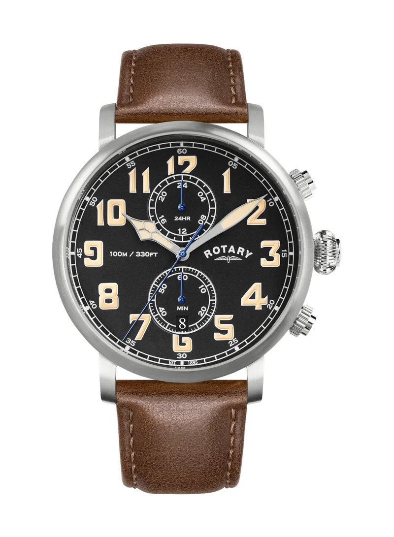 Rotary Men's Apex 100 Pilot Analogue Watch, 43 mm, Grey Dial, Brown Leather Strap