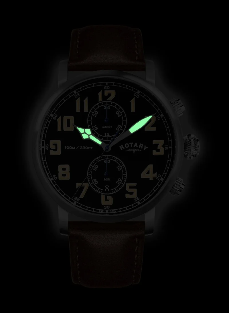 Rotary  Men's Apex 100 Pilot Analogue Watch, 43 mm, Grey Dial, Brown Leather Strap for Men | Best Price UAE