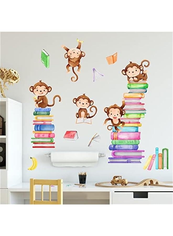Children's Room Wall Stickers Monkey Playing on Stacking Book Wall Decals Baby Nursery Room Decoration Kids Room Bedroom Study Room Decals Kindergarten Playroom Wallpaper - Image 1
