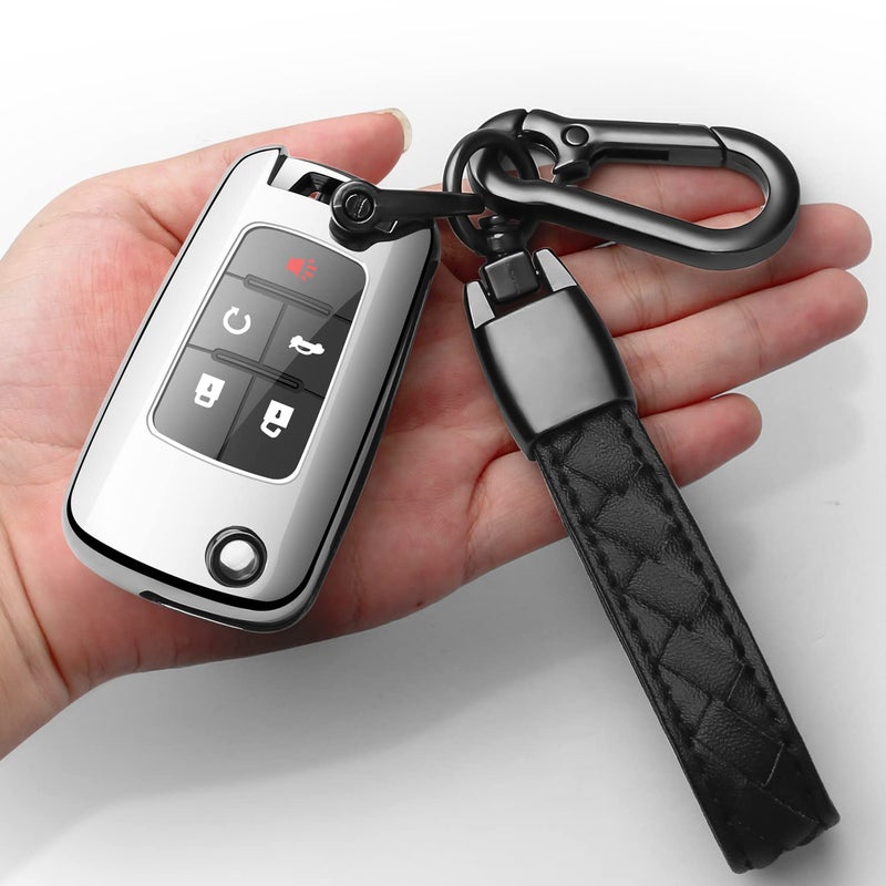 Sindeda for Chevrolet Key Fob Cover with Keychain TPU Full Protection Key Shell Case Compatible with Chevy Equinox Camaro Cruze Malibu Sonic Volt Park Impala Buick Encore Allure RegalSilver
