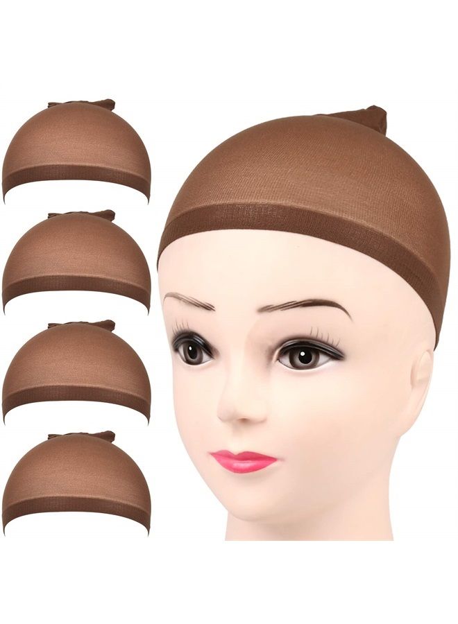 FANDAMEI 4 قطع قبعات شعر مستعار من النايلون المرن باللون البني الداكن للنساء - Image 1