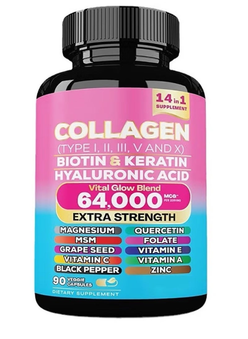 Collagen Pills Peptides Types I, II, III, V & X MCG Biotin Keratin Hyaluronic Acid MSM Vitamin A Vitamin C Vitamin E Folic Acid Zinc Magnesium with Grape Seed Extract, Quercetin 90 Caps - Image 1