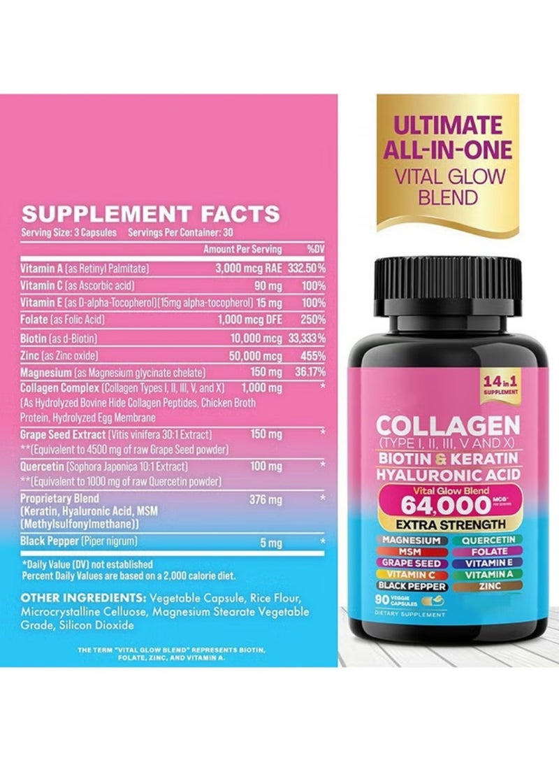 Collagen Pills Peptides Types I, II, III, V & X MCG Biotin Keratin Hyaluronic Acid MSM Vitamin A Vitamin C Vitamin E Folic Acid Zinc Magnesium with Grape Seed Extract, Quercetin 90 Caps - Image 4