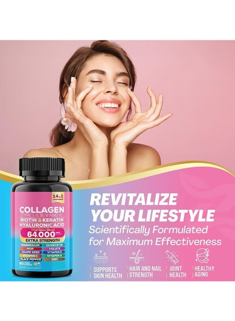 Collagen Pills Peptides Types I, II, III, V & X MCG Biotin Keratin Hyaluronic Acid MSM Vitamin A Vitamin C Vitamin E Folic Acid Zinc Magnesium with Grape Seed Extract, Quercetin 90 Caps - Image 3