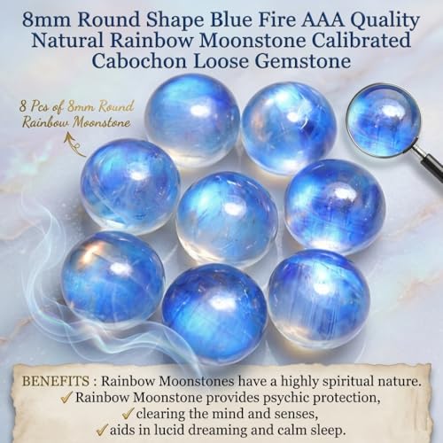 Myhealingworld 8mm Round Shape Blue Fire AAA Quality Natural Rainbow Moonstone Calibrated Cabochon Loose Gemstone 8 pcs Box. - Image 5