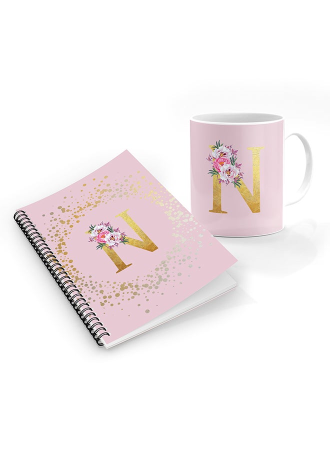 Stylizedd Printed Coffee Mug + A5 Spiral Notebook Memo Personalised Combo Gift Set Custom Monogram Initial Letter Floral Pattern Alphabet - N  (Pink )