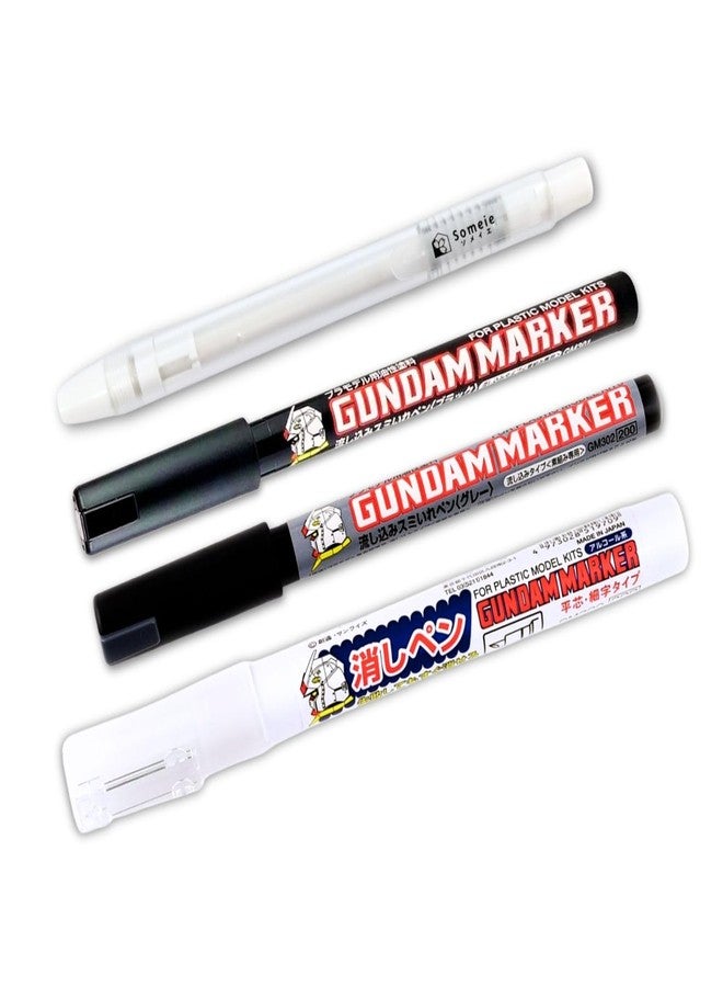 Someie GSI Creos Gundam Marker Pour Type GM301 Black & GM302 Gray & Eraser Pen GM300 & Knock-Type Eraser　Flow-in Type Panel Lining Pens - Image 1