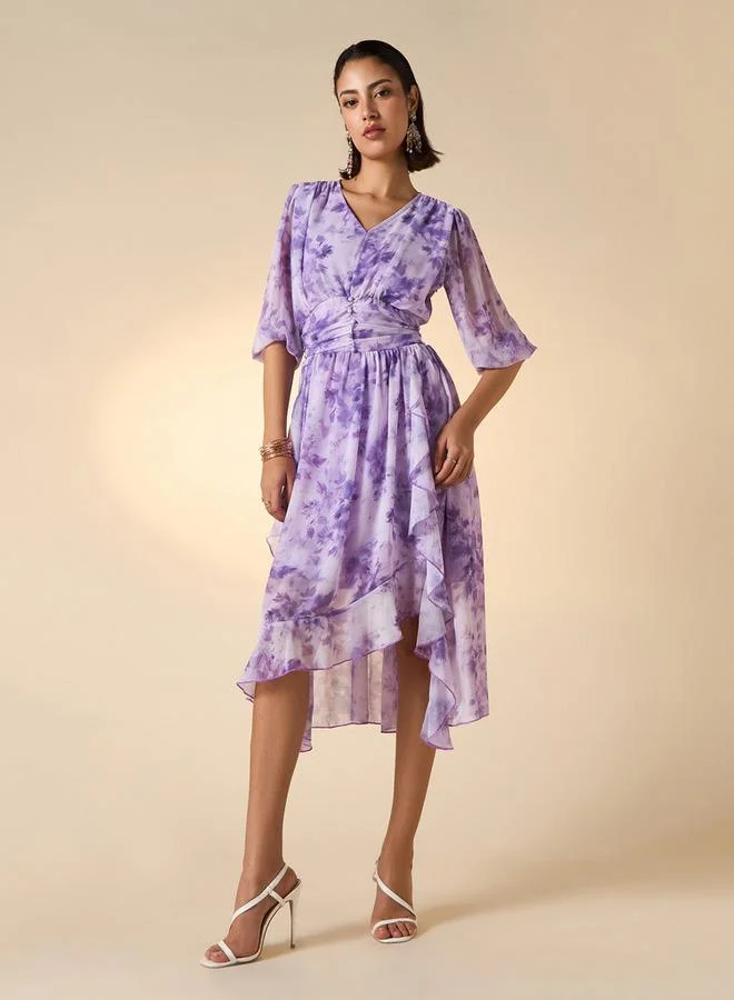 2Xtremz 2Xtremz Floral Print Midi Ruffle Dress with Pleat Detail