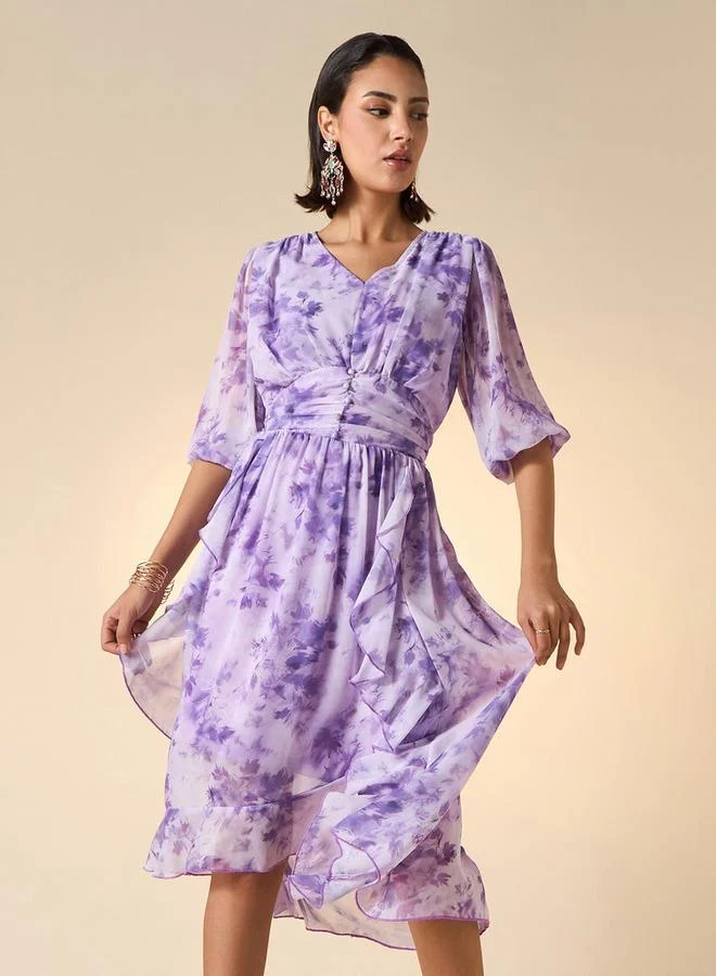 2Xtremz 2Xtremz Floral Print Midi Ruffle Dress with Pleat Detail