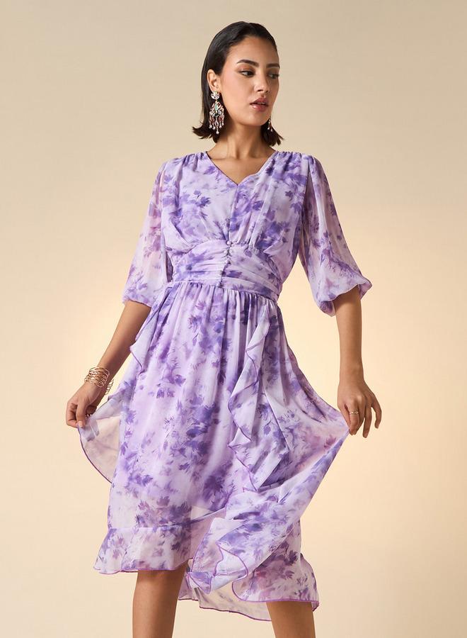 2Xtremz Floral Print Midi Ruffle Dress with Pleat Detail - Image 1