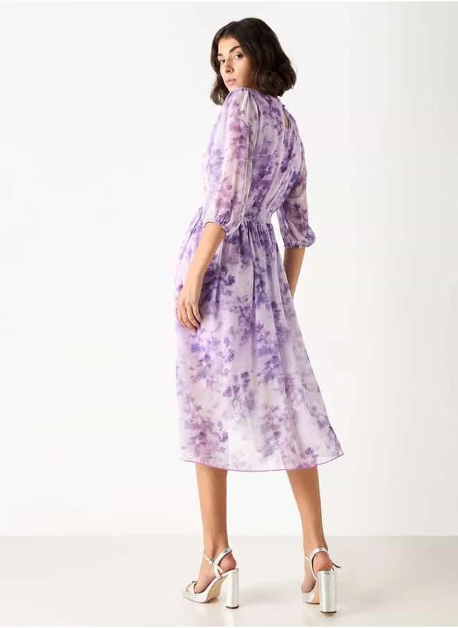 2Xtremz 2Xtremz Floral Print Midi Ruffle Dress with Pleat Detail