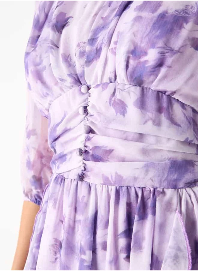 2Xtremz 2Xtremz Floral Print Midi Ruffle Dress with Pleat Detail