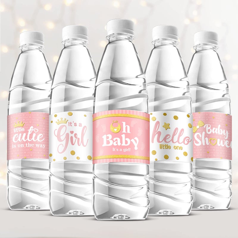 Teling 80 Pieces Baby Shower Water Bottle Labels Waterproof Water Bottle Stickers Wrappers Labels for Baby Shower Party DecorationPink Girl Style