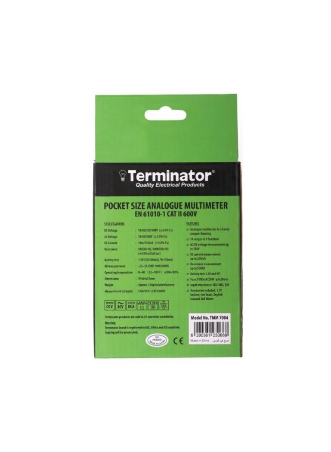 Terminator Analogue Multimeter Pocket Size, AC/DC Voltage 500V, DC current 250mA, Resistance, dB Measurement and Battery Test 1.5V and 9V, Green Color Holster - Image 1
