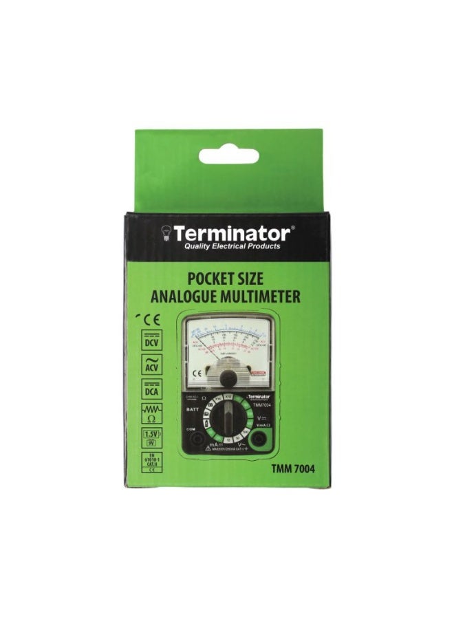 Terminator Analogue Multimeter Pocket Size, AC/DC Voltage 500V, DC current 250mA, Resistance, dB Measurement and Battery Test 1.5V and 9V, Green Color Holster - Image 2