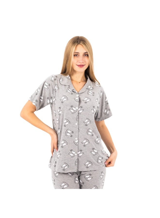 zecotex  Women's 100% Cotton 2-Piece Pajama Set - Button-Up Shirt & Pants with Graphic Print - Grey. - Image 2