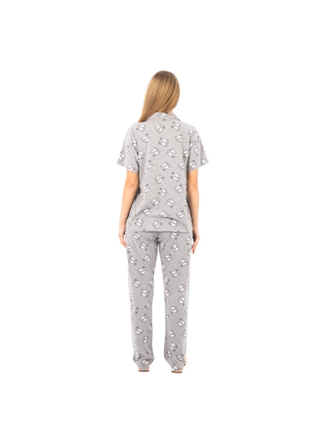 zecotex  Women's 100% Cotton 2-Piece Pajama Set - Button-Up Shirt & Pants with Graphic Print - Grey. - Image 4