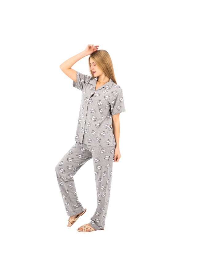 zecotex  Women's 100% Cotton 2-Piece Pajama Set - Button-Up Shirt & Pants with Graphic Print - Grey. - Image 3