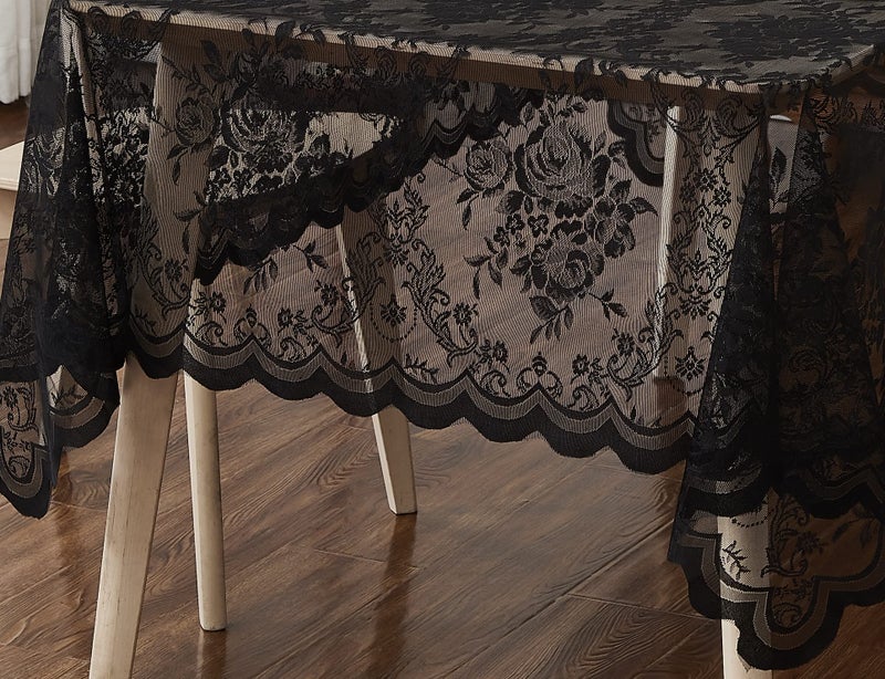 LinenZone Beautiful Oval Lace Tablecloth with Elegant Scalloped Bottom for Any Special Event Such as Wedding  Birthday Party  Baby Shower  Anniversary. Sits 6 to 8 People. (60""W x 84""L Oval TableCloth  Black) - Image 3