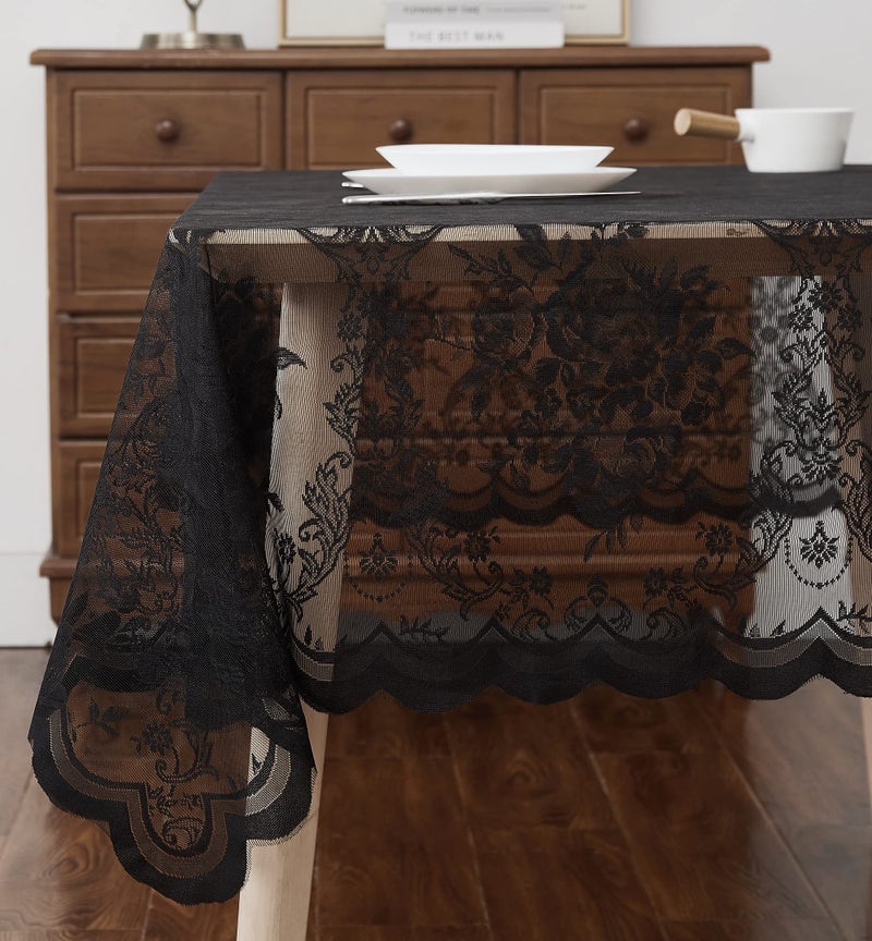 LinenZone Beautiful Oval Lace Tablecloth with Elegant Scalloped Bottom for Any Special Event Such as Wedding  Birthday Party  Baby Shower  Anniversary. Sits 6 to 8 People. (60""W x 84""L Oval TableCloth  Black) - Image 4