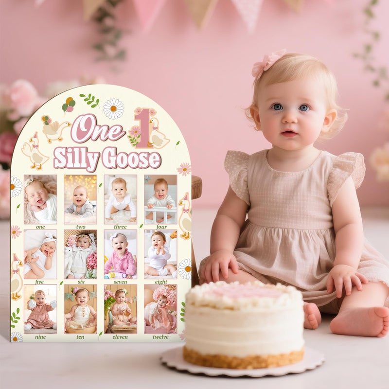 أر هورس R HORSE My First Year Photo Frame Board 3D One Silly Goose عيد ميلاد زينة عرض لوح خشبي طفل السنة الأولى إطار الصورة 12 شهرًا معلمًا لعيد الميلاد الأول هدية ديكور الحضانة لصبي فتاة - Image 4
