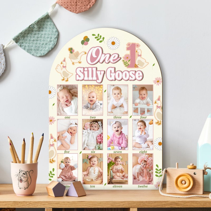 أر هورس R HORSE My First Year Photo Frame Board 3D One Silly Goose عيد ميلاد زينة عرض لوح خشبي طفل السنة الأولى إطار الصورة 12 شهرًا معلمًا لعيد الميلاد الأول هدية ديكور الحضانة لصبي فتاة - Image 3