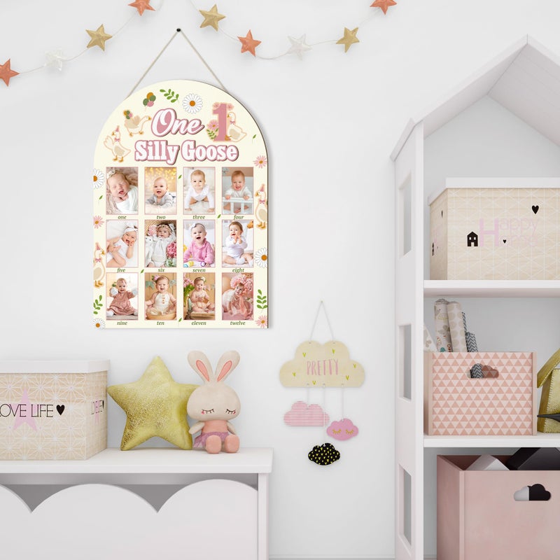 أر هورس R HORSE My First Year Photo Frame Board 3D One Silly Goose عيد ميلاد زينة عرض لوح خشبي طفل السنة الأولى إطار الصورة 12 شهرًا معلمًا لعيد الميلاد الأول هدية ديكور الحضانة لصبي فتاة - Image 5
