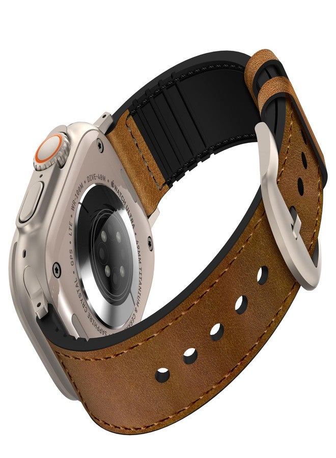 أحزمة جلدية من OUHENG متوافقة مع ساعة Apple Watch بمقاسات 49 مم/46 مم/45 مم/44 مم/42 مم، وحزام هجين من الجلد والمطاط لساعة iWatch Ultra 3/2/1 Series 11 10 9 8 7 6 5 4 3 2 1 SE 3/2/1، بني/تيتانيوم - Image 2