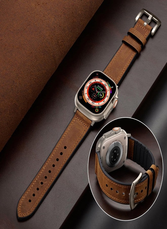 أحزمة جلدية من OUHENG متوافقة مع ساعة Apple Watch بمقاسات 49 مم/46 مم/45 مم/44 مم/42 مم، وحزام هجين من الجلد والمطاط لساعة iWatch Ultra 3/2/1 Series 11 10 9 8 7 6 5 4 3 2 1 SE 3/2/1، بني/تيتانيوم - Image 5
