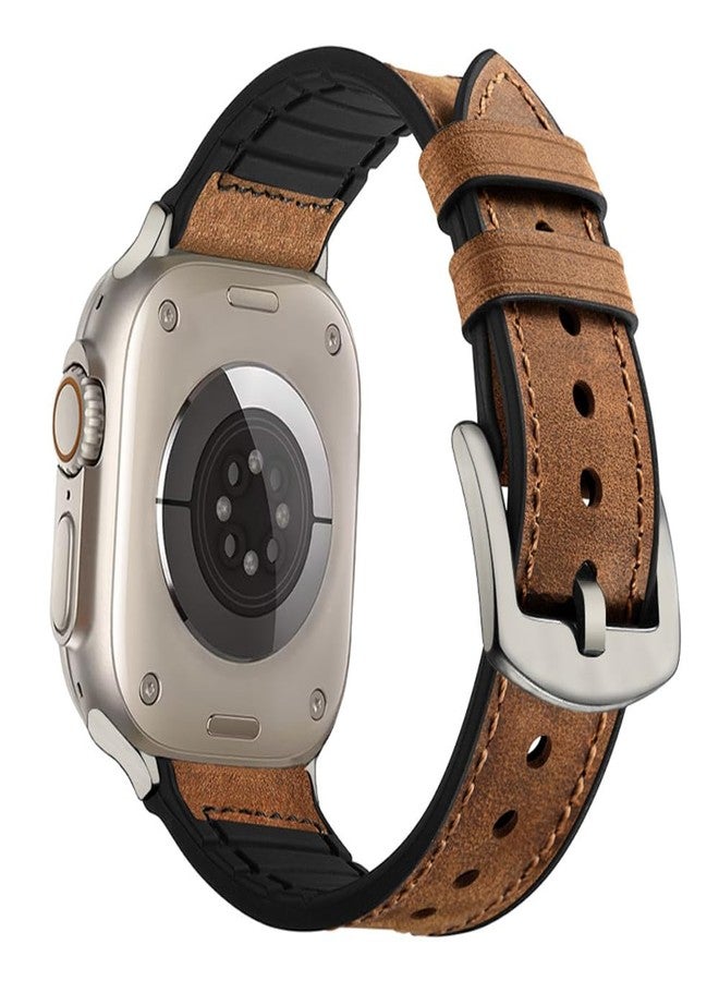 أحزمة جلدية من OUHENG متوافقة مع ساعة Apple Watch بمقاسات 49 مم/46 مم/45 مم/44 مم/42 مم، وحزام هجين من الجلد والمطاط لساعة iWatch Ultra 3/2/1 Series 11 10 9 8 7 6 5 4 3 2 1 SE 3/2/1، بني/تيتانيوم - Image 1